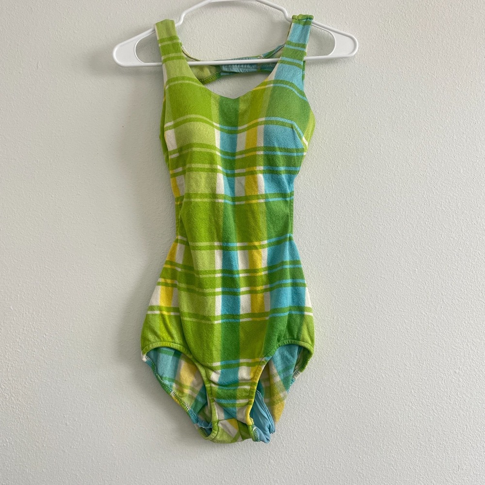 Vintage 60 70 Cole of California Swimsuit Retro Plaid Green‎ One Piece Open Back - Picture 6 of 7
